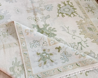 Cream Oushak Rug Hand Knotted Turkish Wool Carpet Sage Green Rug Vintage Distressed Muted Traditional Floral 8x10 9x12 Area Rug Neutral