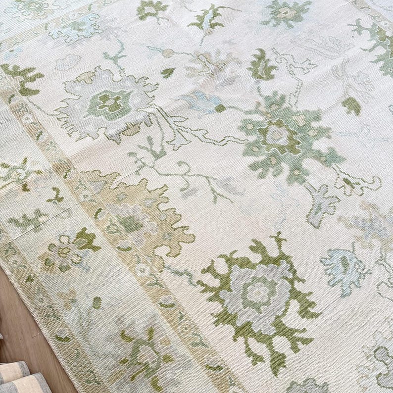 Cream Turkish Rug Cream Oushak Rug Hand Knotted Turkish Wool Carpet Sage Green Rug ...
