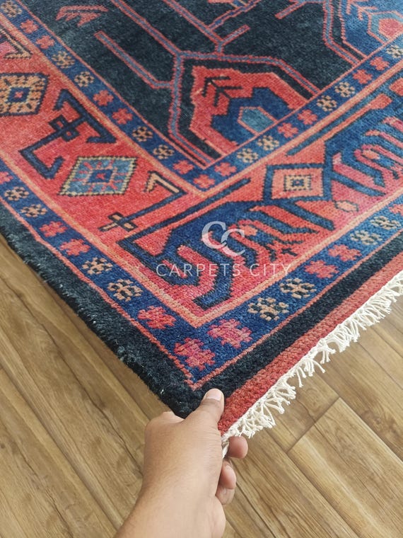 10x14 Afghan rug, Oushak rugs, Hand Knotted rugs, Blue Red Area Rug Vintage Tribal, Oversized Living Room Farmhouse Décor.