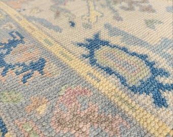 Oushak runner rug, 3x20 runner rug Pastel oushak rug Hand knotted Turkish Wool Rug in Soft Blue, Pink & Yellow.