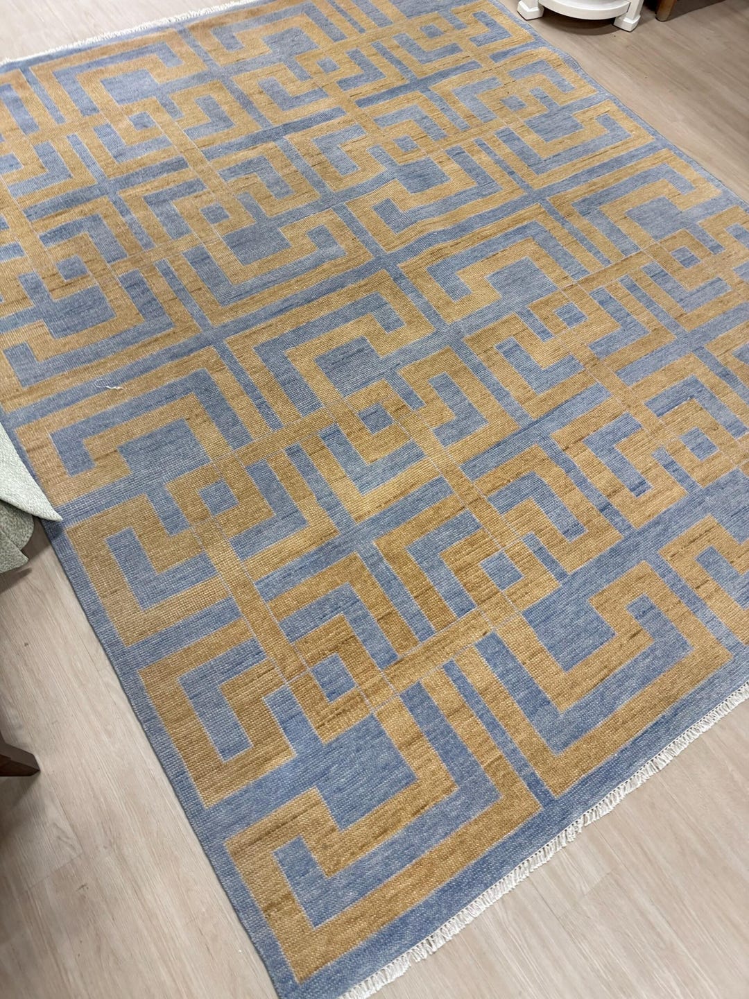 Gold Geometric Rug, Maze Pattern Rug, Blue Turkish Rug Flat Weave Kilim ...