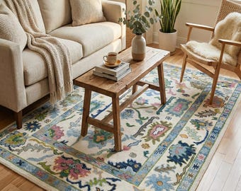 Ivory Oushak Rug 9x12 area rug – Hand Knotted Wool Oriental Carpet with Colorful Floral Motifs – Turkish Boho Living Room Rug.