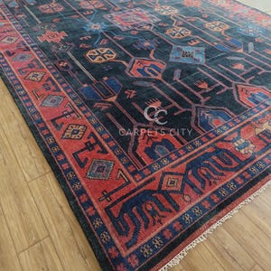 10x14 Afghan rug, Oushak rugs, Hand Knotted rugs, Vintage Tribal Blue Red Area Rug, Oversized Living Room Farmhouse Décor.