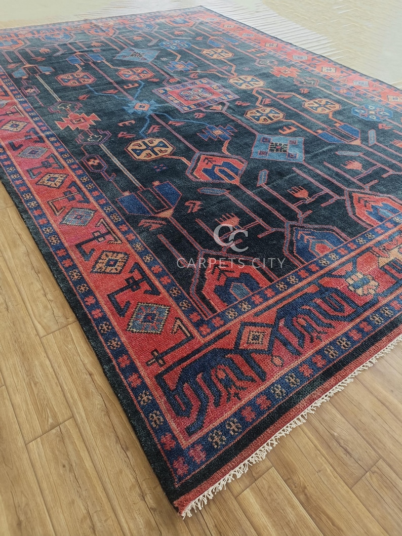 10x14 Afghan rug, Oushak rugs, Hand Knotted rugs, Vintage Tribal Blue Red Area Rug, Oversized Living Room Farmhouse Décor.