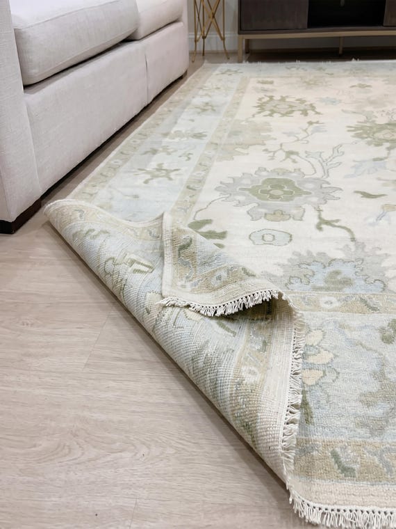 9x12 Ivory and Green Oushak Rug, Light Blue Border Hand Knotted Wool Area Rug, Coastal Transitional Living Room Carpet, French Country