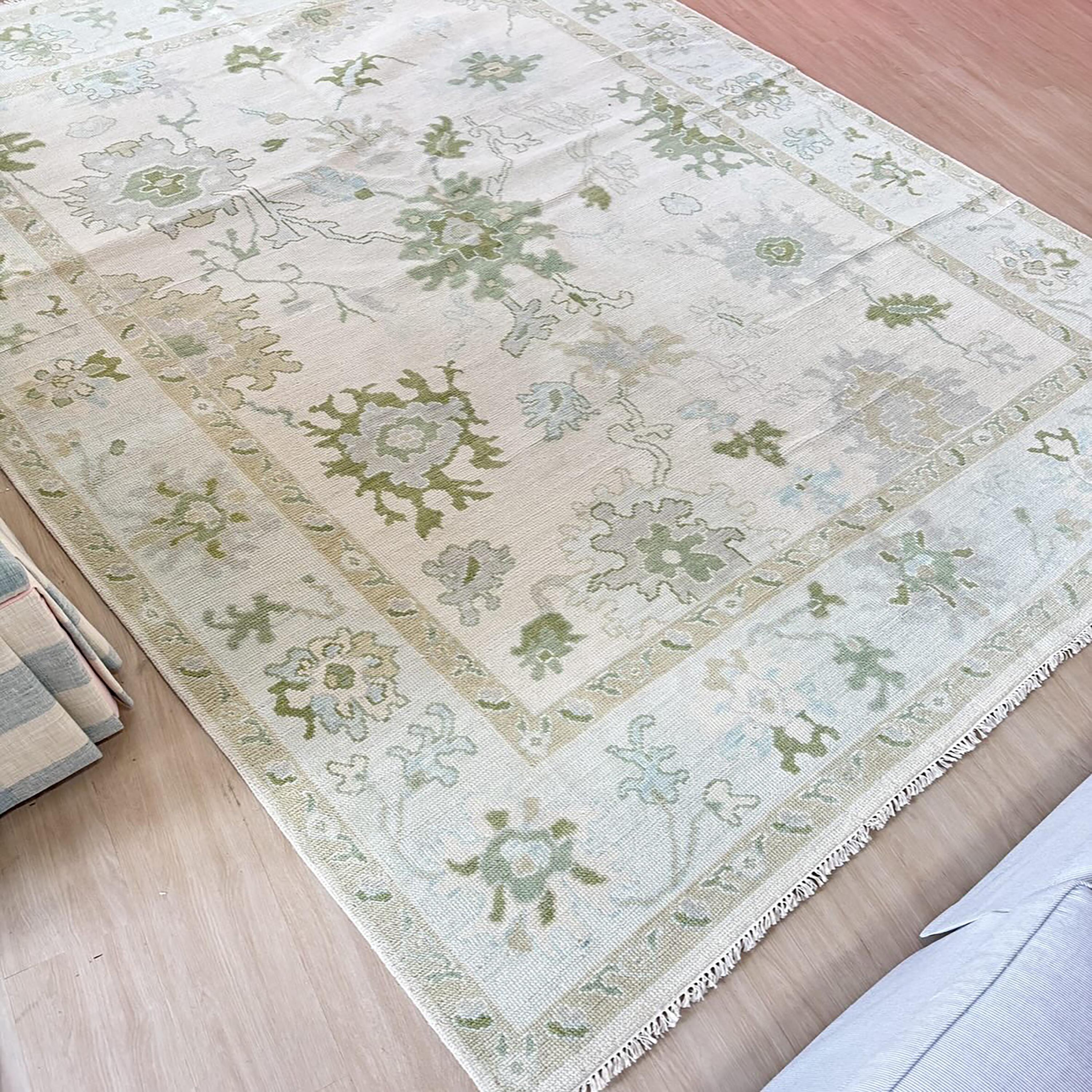 Cream Turkish Rug Cream Oushak Rug Hand Knotted Turkish Wool Carpet Sage Green Rug ...