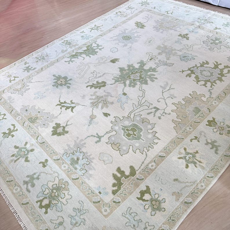 Cream Turkish Rug Cream Oushak Rug Hand Knotted Turkish Wool Carpet Sage Green Rug ...