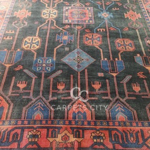 10x14 Afghan rug, Oushak rugs, Hand Knotted rugs, Vintage Tribal Blue Red Area Rug, Oversized Living Room Farmhouse Décor.