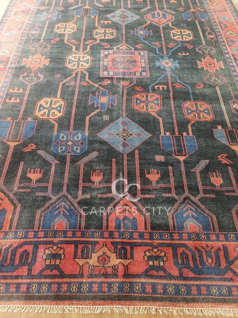 10x14 Afghan rug, Oushak rugs, Hand Knotted rugs, Vintage Tribal Blue Red Area Rug, Oversized Living Room Farmhouse Décor.