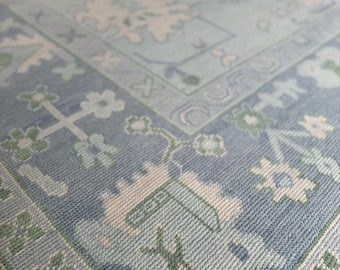 light blue oushak rug – Pastel green rug Hand Knotted Wool Carpet, Turkish Vintage Style Area Rug, Soft Modern Floral Decor.