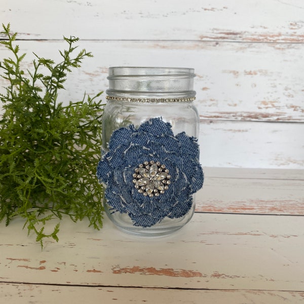 Denim Flower And Bling Mason Jar Candle/Vase/Organizer