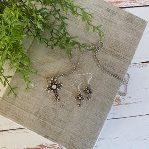 Silver and Rhinestone Cross Necklace and Earrings Set