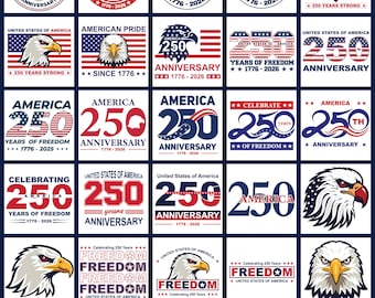 Paquete SVG para celebrar el 250 aniversario de Estados Unidos, PNG de los 250 años del Día de la Independencia de EE. UU., archivos de corte de la bandera del águila patriótica, imágenes prediseñadas de la libertad