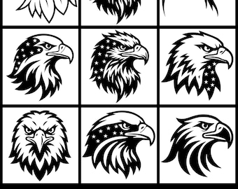 Paquete de 9 imágenes premium de cabeza de águila con bandera estadounidense en formato SVG y PNG para el 4 de julio, camiseta patriótica con águila y silueta de cabeza de águila para el 4 de julio.