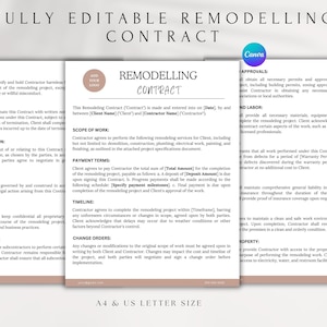 Editable Remodeling Contract Template, Home Renovation Agreement, Construction Services Contract, Renovation Contract Form