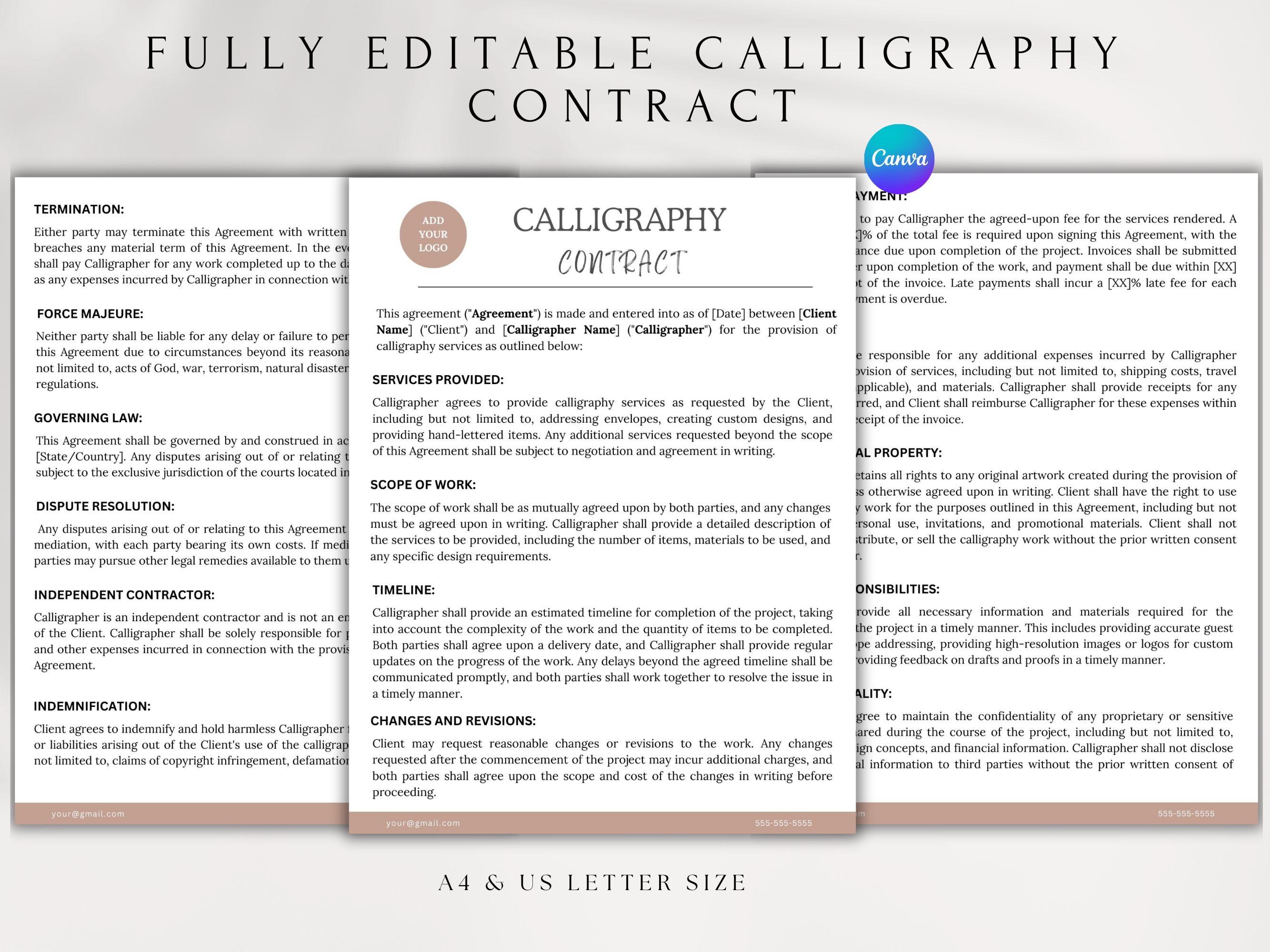 Calligraphy Service Contract Template | Lettering Business Agreement ...