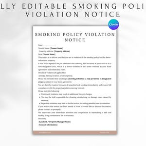May include: A printable smoking policy violation notice on a neutral background. The document includes fields for tenant name, property address, and details of the violation. The text highlights compliance with smoking policies and potential consequences.