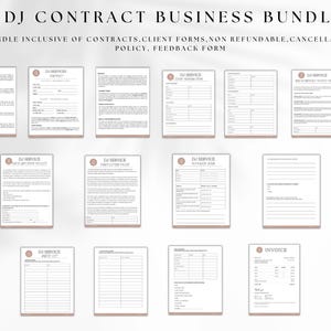 May include: A business bundle with the text "DJ CONTRACT BUSINESS BUNDLE" and "BUNDLE INCLUSIVE OF CONTRACTS, CLIENT FORMS, NON REFUNDABLE, CANCELLATION POLICY, FEEDBACK FORM". The bundle includes various forms and contracts.