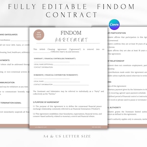 May include: A fully editable Findom contract template, featuring a clean design with text in black. The document is available in A4 and US Letter sizes, suitable for digital use. The Canva logo is visible.