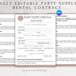 Modello di contratto di noleggio di forniture per feste modificabile / Contratto di noleggio di attrezzature per eventi / Modulo di noleggio per feste / Download PDF stampabile di Canva