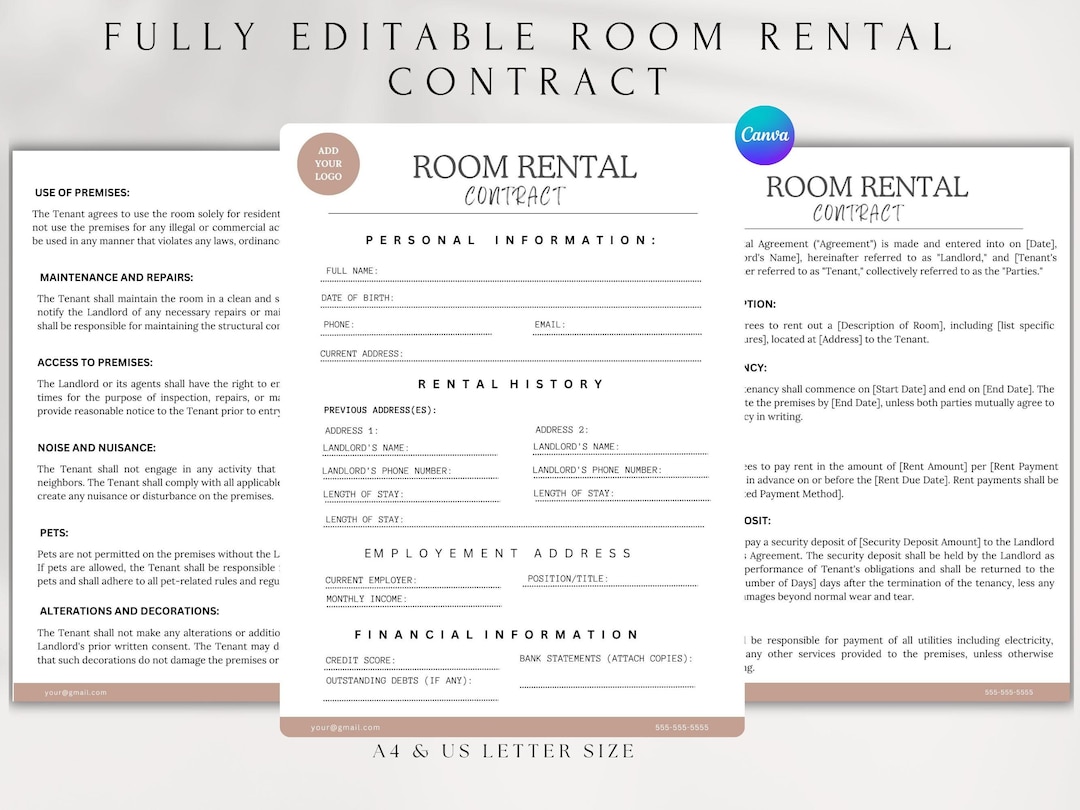 Room Renting Paper Printable Room Rental Agreement Template, Editable Tenancy Contract ...