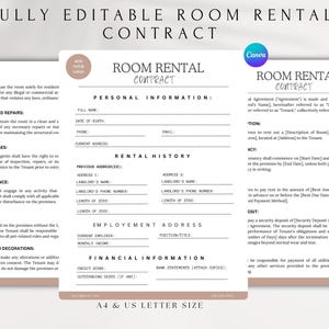 Printable Room Rental Agreement Template, Editable Room Tenancy Contract, Roommate Rental Agreement, Rent Room Form