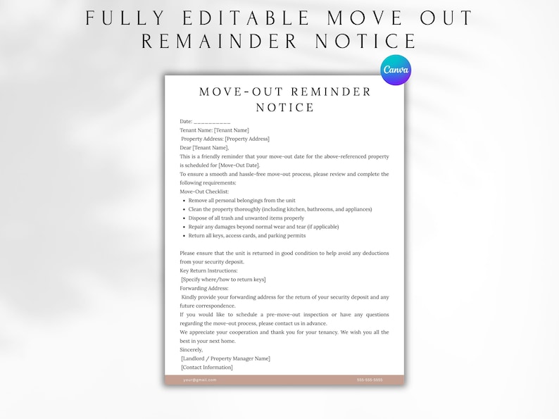 Move-out Reminder Notice Template | Editable Tenant Move-out Letter for ...