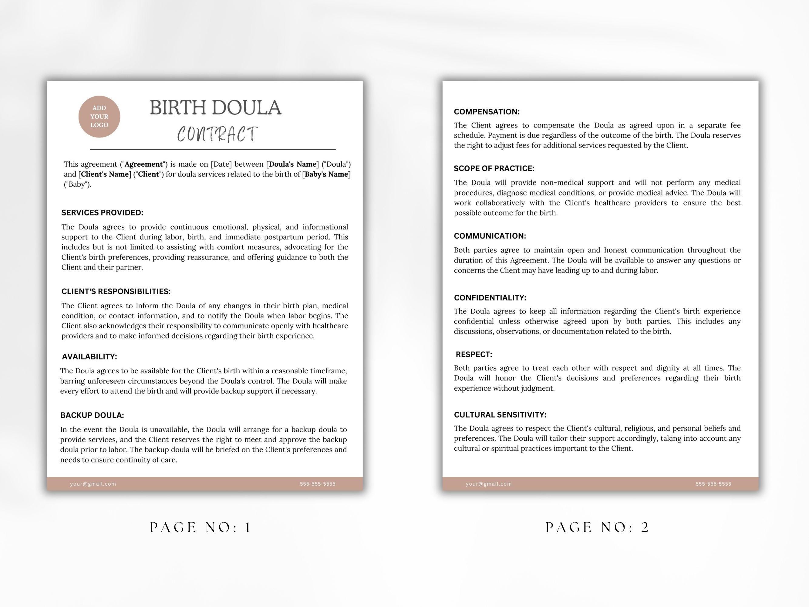 Dula Worksheets.pdf Editable Birth Doula Contract Template | Canva Doula Forms (PDF) - Etsy