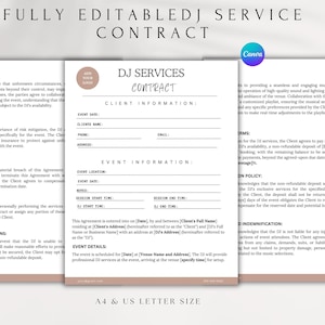 Editable DJ Service Contract, Wedding DJ Agreement, Event DJ Business Template, Disc Jockey Service Agreement, Canva Editable Form