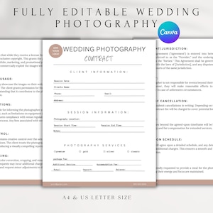 Wedding Photography Contract Template | Editable Photographer Agreement | Photography Business Forms | Canva Contract for Photographers