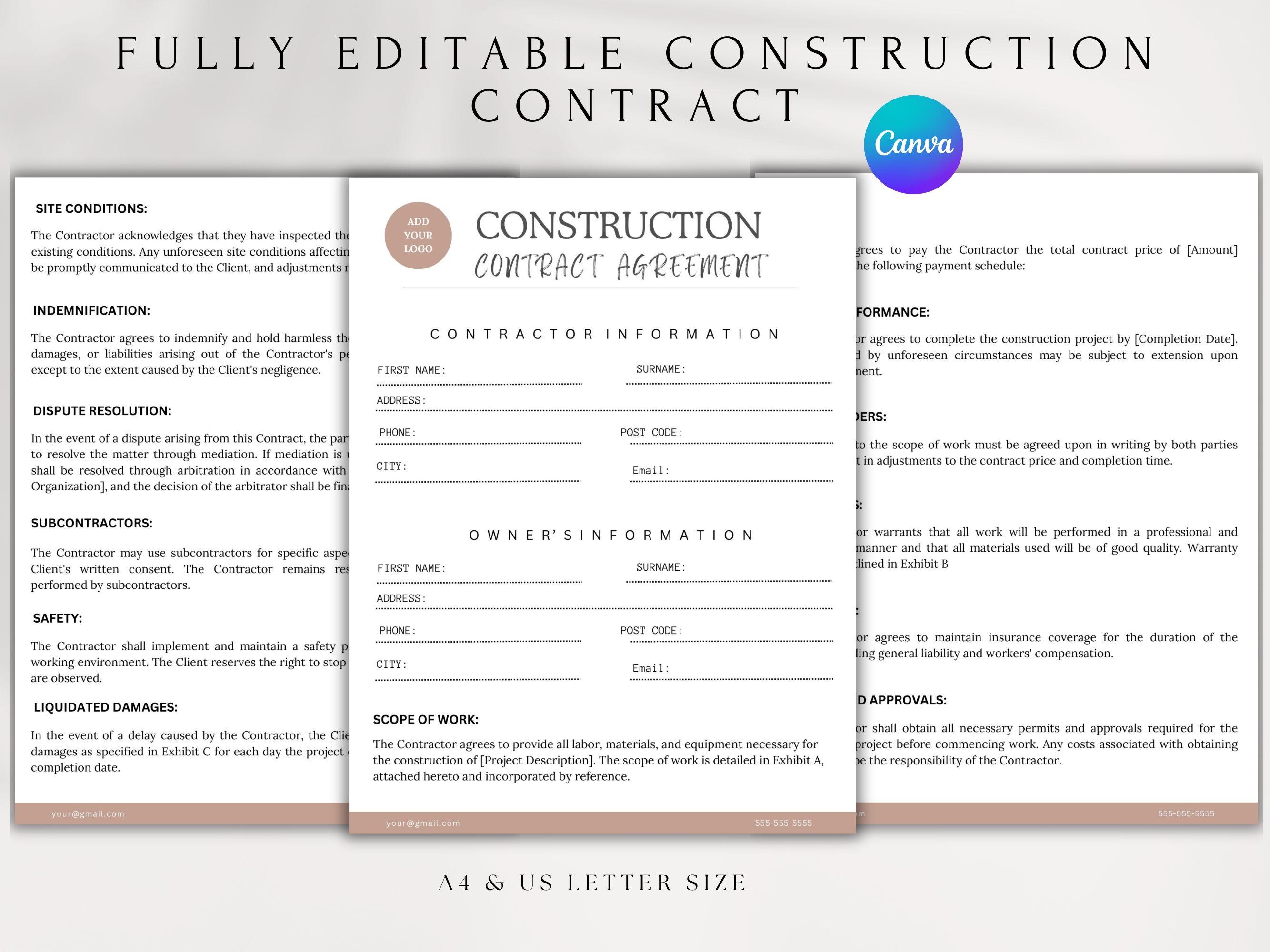 Editable Construction Contract Template, Scope of Work Agreement (canva ...