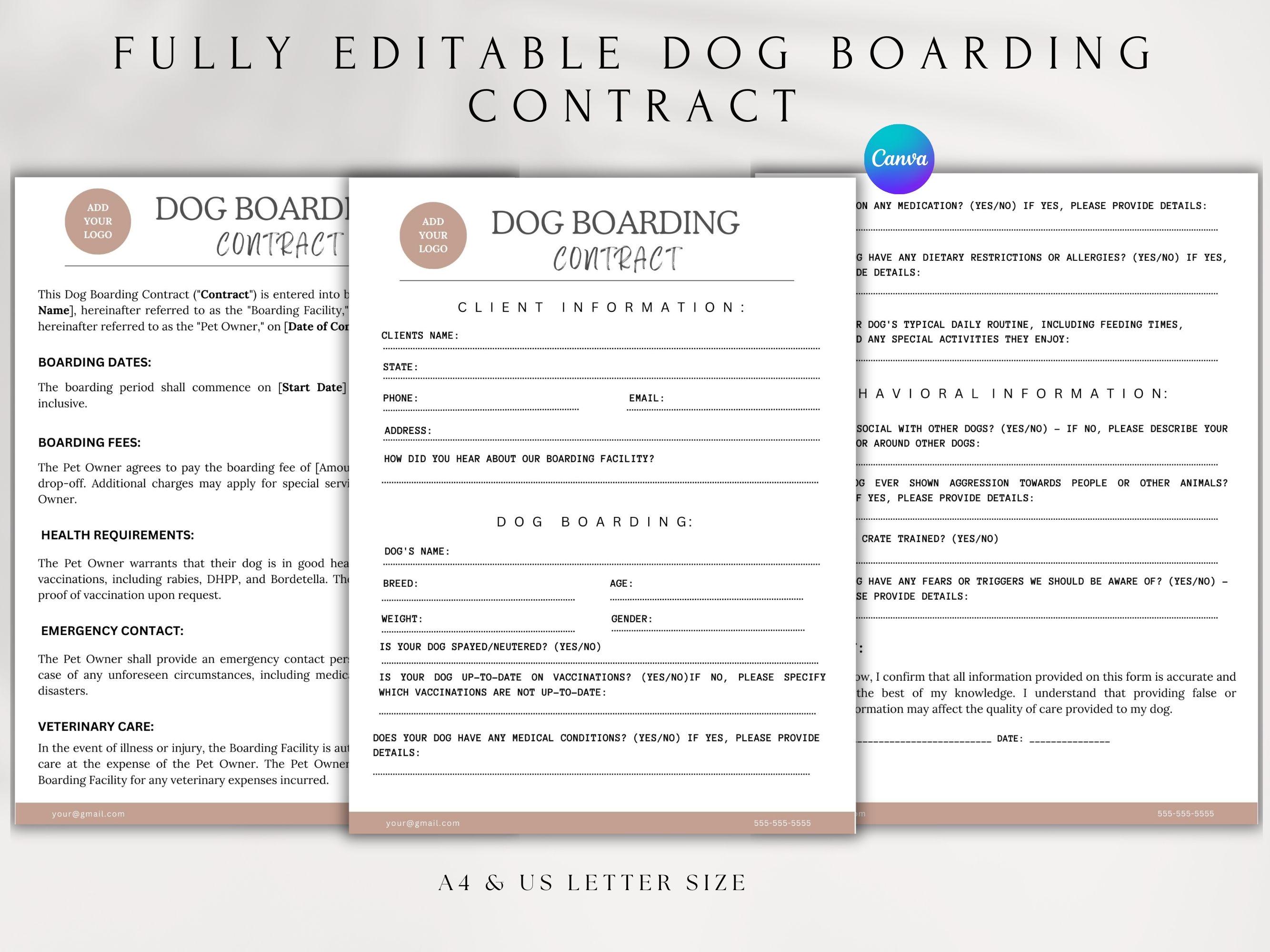 Editable Dog Boarding Contract Template | Dog Boarding Service Agreement | Printable Forms & Canva PDF | Dog Boarding Service Contract