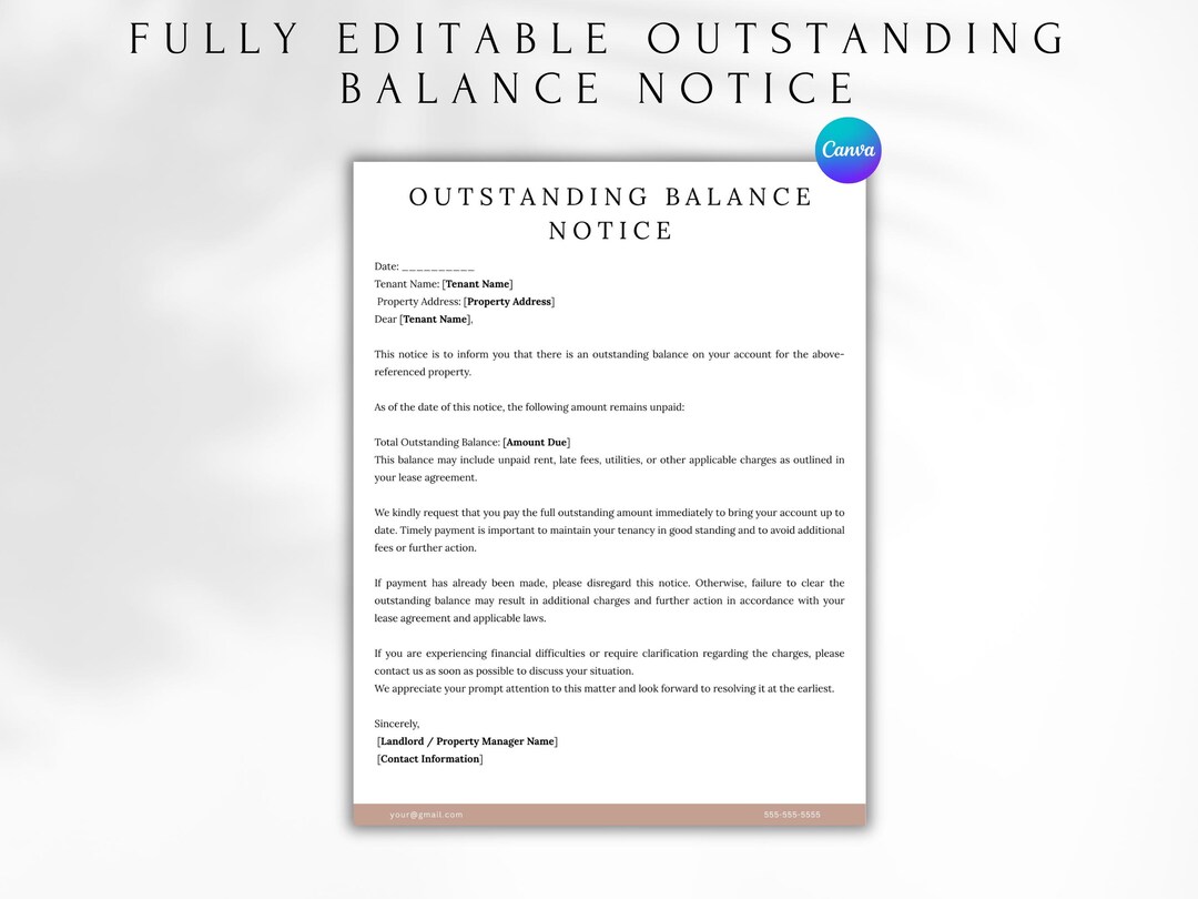 Letter Explaining Balance Due Rent Outstanding Balance Notice Template | Editable Payment Due Notice for ...