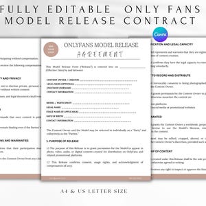 May include: A model release contract for OnlyFans, fully editable. The document includes sections on compensation, confidentiality, and legal capacity. The text is in black font on a white background, with the Canva logo in the upper right corner. A4 & US Letter size.