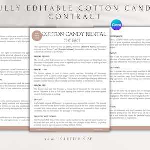 Editable Cotton Candy Cart Service Contract Template, Event Services Agreement, Cotton Candy Business Form, Canva Template