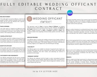 Plantilla de contrato de oficiante de bodas/Acuerdo de servicios editable (Canva)