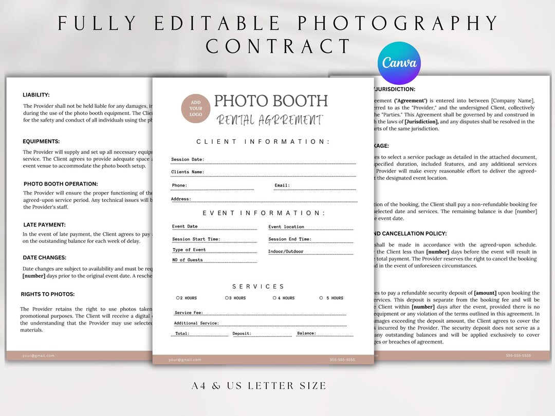 Photo Booth Rental Agreement Template Editable Canva Contract. Etsy