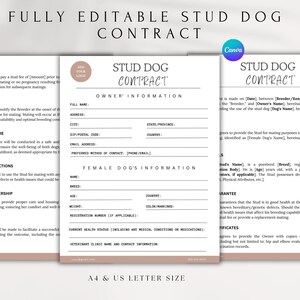 May include: A4 & US Letter size Stud Dog Contract template, fully editable. The document includes sections for stud fee, timing of mating, breeding restrictions, and owner information. The Canva logo is visible.