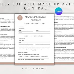 Op de afbeelding: Een volledig bewerkbare make-up artist contract sjabloon. Het document bevat secties voor klantverantwoordelijkheden, productallergieën, fotografiegebruik en noodsituaties. Beschikbaar in A4- en US Letter-formaten.