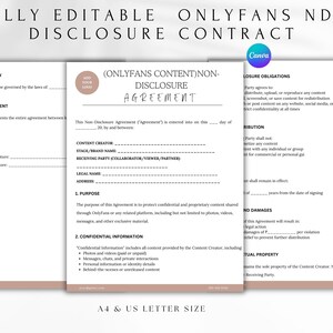 May include: A fully editable OnlyFans NDA Disclosure Contract template. The document is on white paper with black text, and includes sections for governing law, signatures, and confidential information. The document is available in A4 and US Letter sizes.