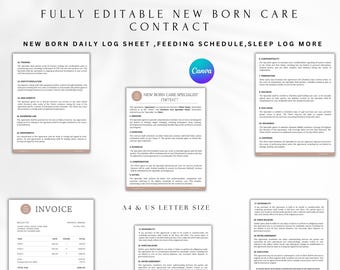 Newborn Care Contract Template | Editable Postpartum Services Agreement | Baby Care Invoice & Forms | Instant Download | Canva Template