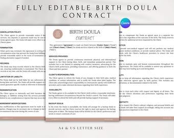 Modèle de contrat de naissance modifiable | Formulaires Canva Doula (PDF)