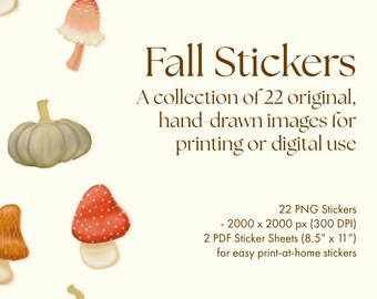 Hand-Drawn Fall Stickers: Pumpkins, Pie, Caramel Apple, Mushrooms (PNG & PDF Sheets)