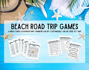 Juegos de viaje por carretera en la playa para niños: Bingo de viaje, Búsqueda del tesoro (Descarga digital)