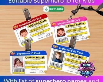 Printable Superhero ID Badge for Kids Birthday Party Favor Pretend Play (Editable in Canva)