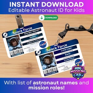 Puede incluir: Dos tarjetas de identificación de astronauta con los logotipos "Space Force" y "NASA". Una tarjeta presenta "Starlight Sophia" y la otra "Lunar Liam". Ambas tarjetas tienen una foto de un niño con un traje de astronauta e incluyen el texto "Mission Code".