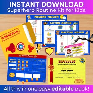 Kit de Rotina de Super-heróis Editável para Imprimir para Crianças – Missões Diárias, Crachá de Identificação, Certificado, Cartões de Missão e Rastreador – Construtor de Hábitos Divertidos