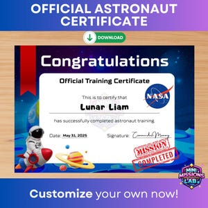 Personalized Astronaut Training Certificate – Space Birthday, Graduation (Editable Canva, Digital Download)
