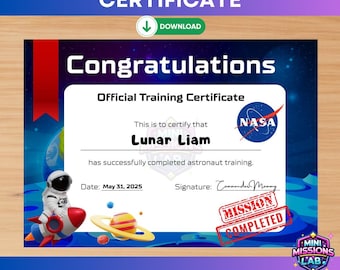 Certificado de Treinamento de Astronauta Personalizado – Aniversário Espacial, Formatura (Canva Editável, Download Digital)