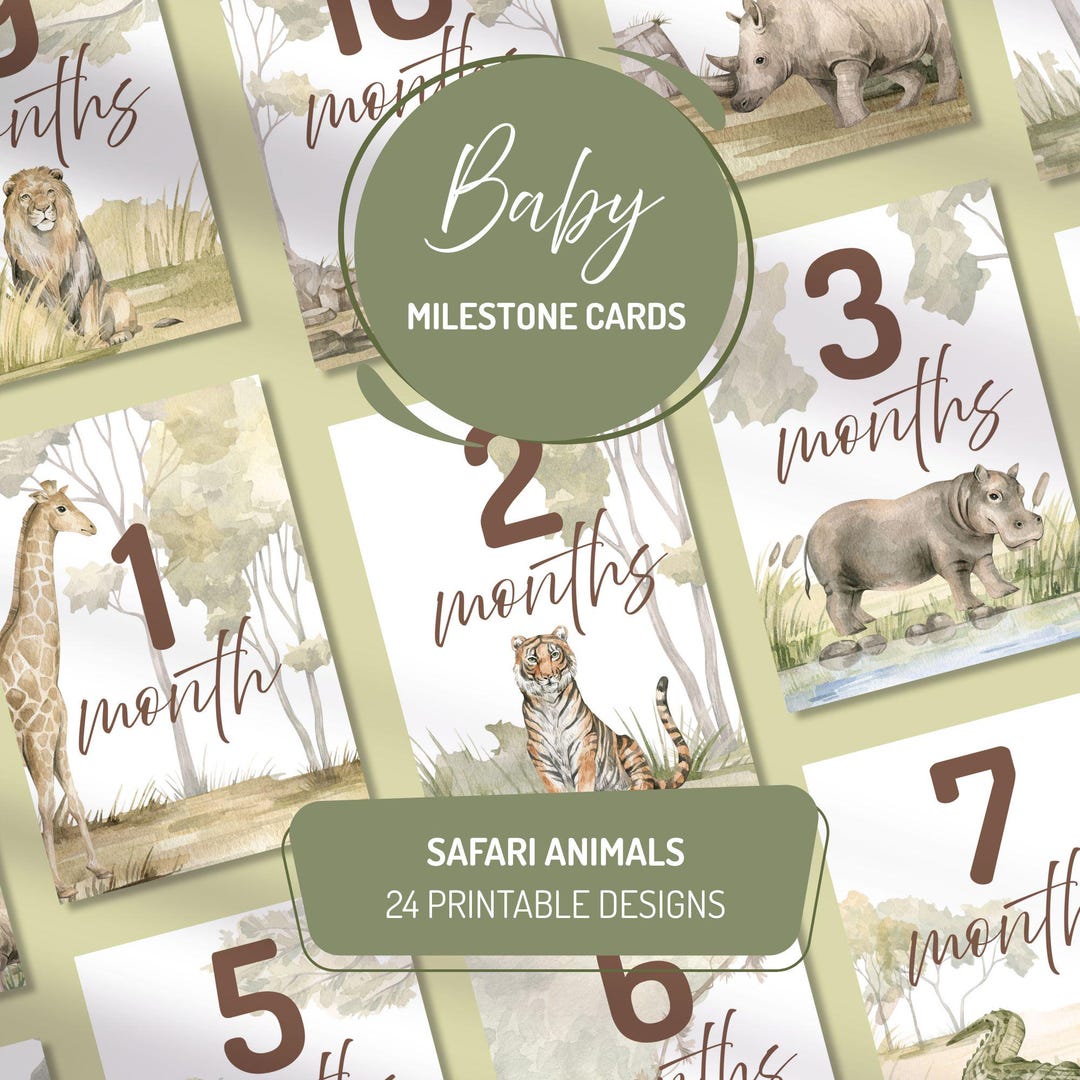 Baby Milestone Cards Printable - Safari Animals - A5 & 6x4 Inch ...